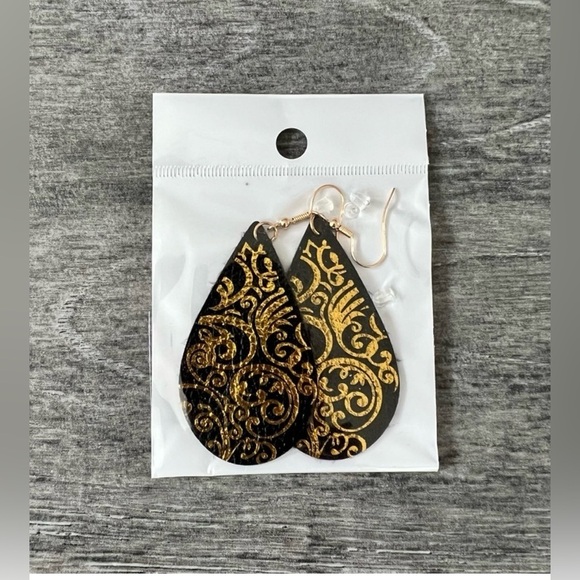 Gold and Black Faux Leather Earrings - Picture 2 of 2